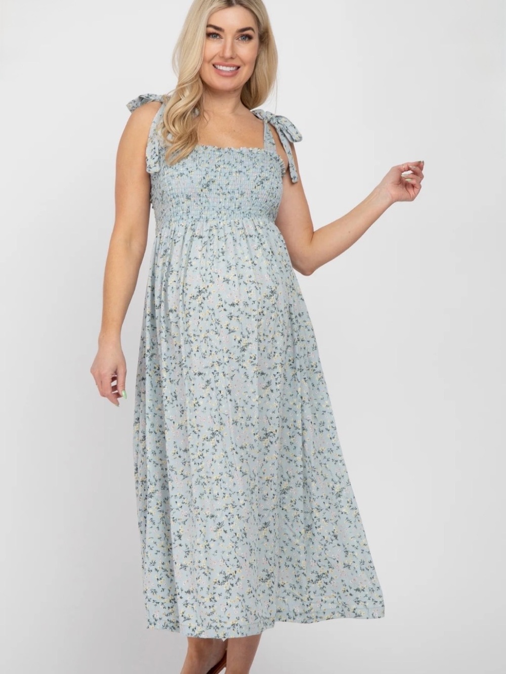 Hello Miz Light Blue Floral Smocked Tie-Shoulder Maxi Dress